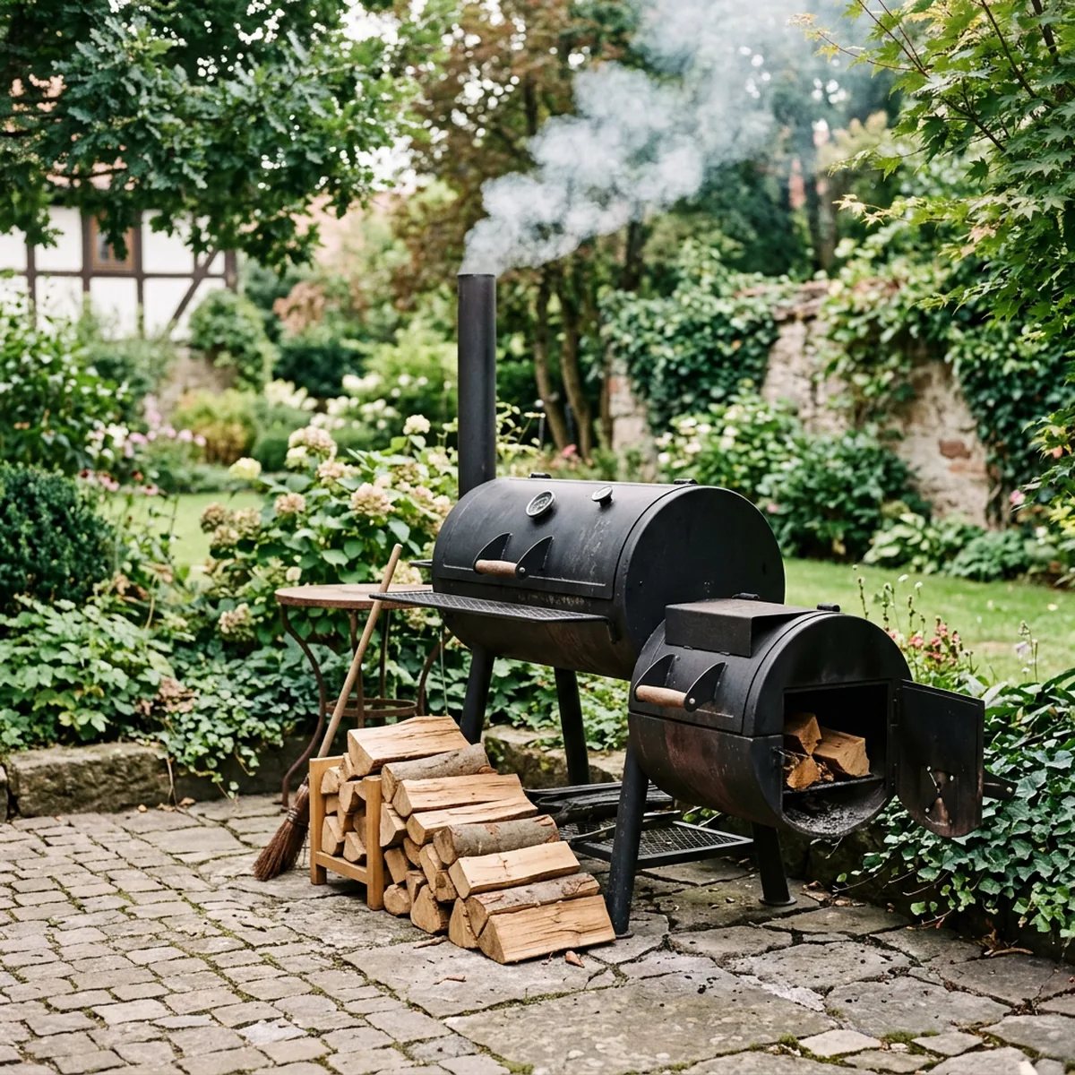 August Rauch – Offset-Smoker mit leichtem Rauch auf der Terrasse